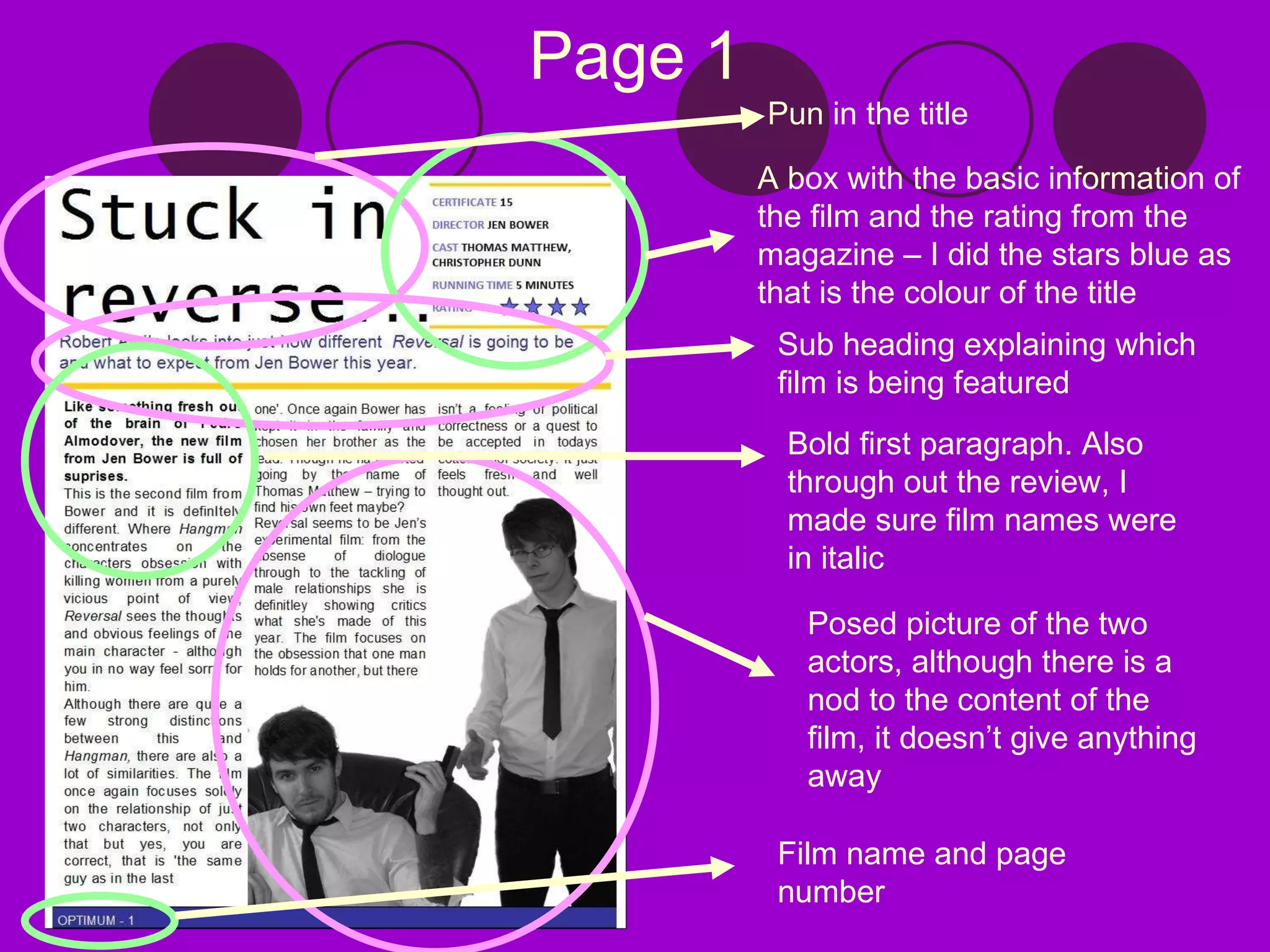 Page 1 Pun in the title  A box with the basic information of the film and the rating from the magazine – I did the stars blue as that is the colour of the title Sub heading explaining which film is being featured Bold first paragraph. Also through out the review, I made sure film names were in italic Posed picture of the two actors, although there is a nod to the content of the film, it doesn’t give anything away Film name and page number 
