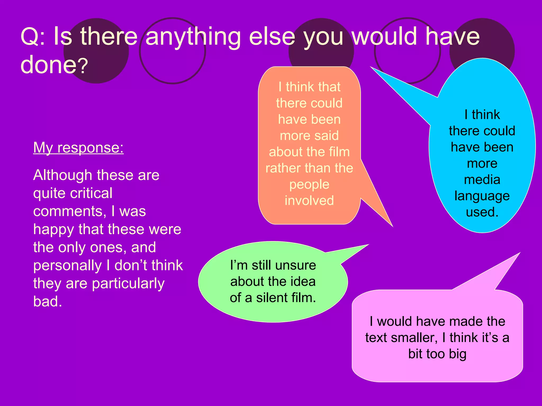 Q:  Is there anything else you would have done ? I think there could have been more media language used. I think that there could have been more said about the film rather than the people involved I would have made the text smaller, I think it’s a bit too big I’m still unsure about the idea of a silent film. My response: Although these are quite critical comments, I was happy that these were the only ones, and personally I don’t think they are particularly bad. 