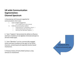 UK wide Communication 
Segmentation:
Channel Spectrum
1.Characterises UK Consumer appetite for 
communications into 2 axes:
       I.    Levels of digital engagement
              o     From no digital access to fully immersed.
       II.   Preferred communication medium
              o     Context based (e.g. TV, Newspapers, Internet ….)
              o     Location based (e.g. Door drop, posters ….)
              o     Direct (e.g. Email, SMS, Mail, Telephone …. )



2.  Team “Captains” demonstrate the ability to influence 
and have a tendency to be digitally immersed and open to 
all three media types.

3.  Team “Members” are less commercially engaged 
online and have a tendency to be open to non‐direct 
channels, context based and especially location based 
mechanisms.

4. Previous history of Comic Relief activity is a key 
stimulus to involvement.
 