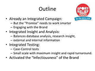 Outline
• Already an Integrated Campaign: 
  – But the “Promise” needs to work smarter
  – Engaging with the Brand
• Integrated Insight and Analysis:
  – Balances database analysis, research insight, 
  – external and internal information
• Integrated Testing:
  – Case‐Control tests
  – Small scale with maximum insight and rapid turnaround.
• Activated the “Infectiousness” of the Brand
 