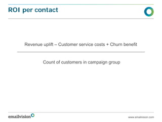 ROI per contact




    Revenue uplift – Customer service costs + Churn benefit


             Count of customers in campaign group




                                                      www.emailvision.com
 