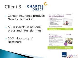 Cancer insurance product:
New to UK market

650k inserts in national
press and lifestyle titles

300k door drop /
Newshare
 