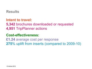 Results

Intent to travel:
5,342 brochures downloaded or requested
4,951 TripPlanner actions
Cost-effectiveness:
£1.24 average cost per response
275% uplift from inserts (compared to 2009-10)




© Indicia 2012
 