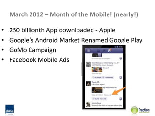 March 2012 – Month of the Mobile! (nearly!) 

•   250 billionth App downloaded ‐ Apple 
•   Google’s Android Market Renamed Google Play
•   GoMo Campaign
•   Facebook Mobile Ads
 
