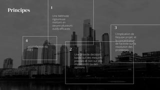Principes
La satisfaction du
client
4
Une Méthode
rigoureuse
mettant en
oeuvre plusieurs
outils efficaces
1
2
L’implication de
l’equipe projet, et
la concentration
de l’activite sur la
resolution des
problémes
3
Une prise de decision
basée sur des mesures
precises et non sur des
impressions ou des
opinions
 