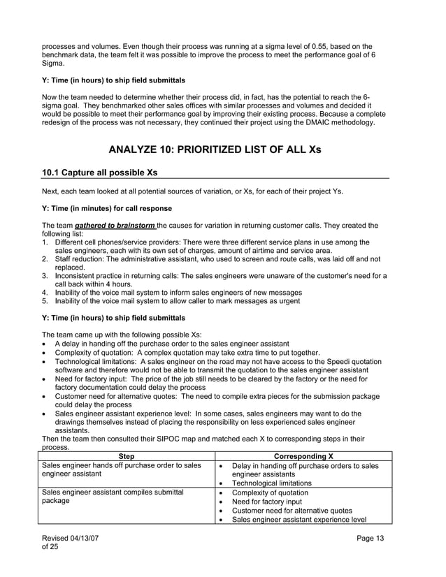 Six Sigma Dmaic Case Study Pdf Sales Business