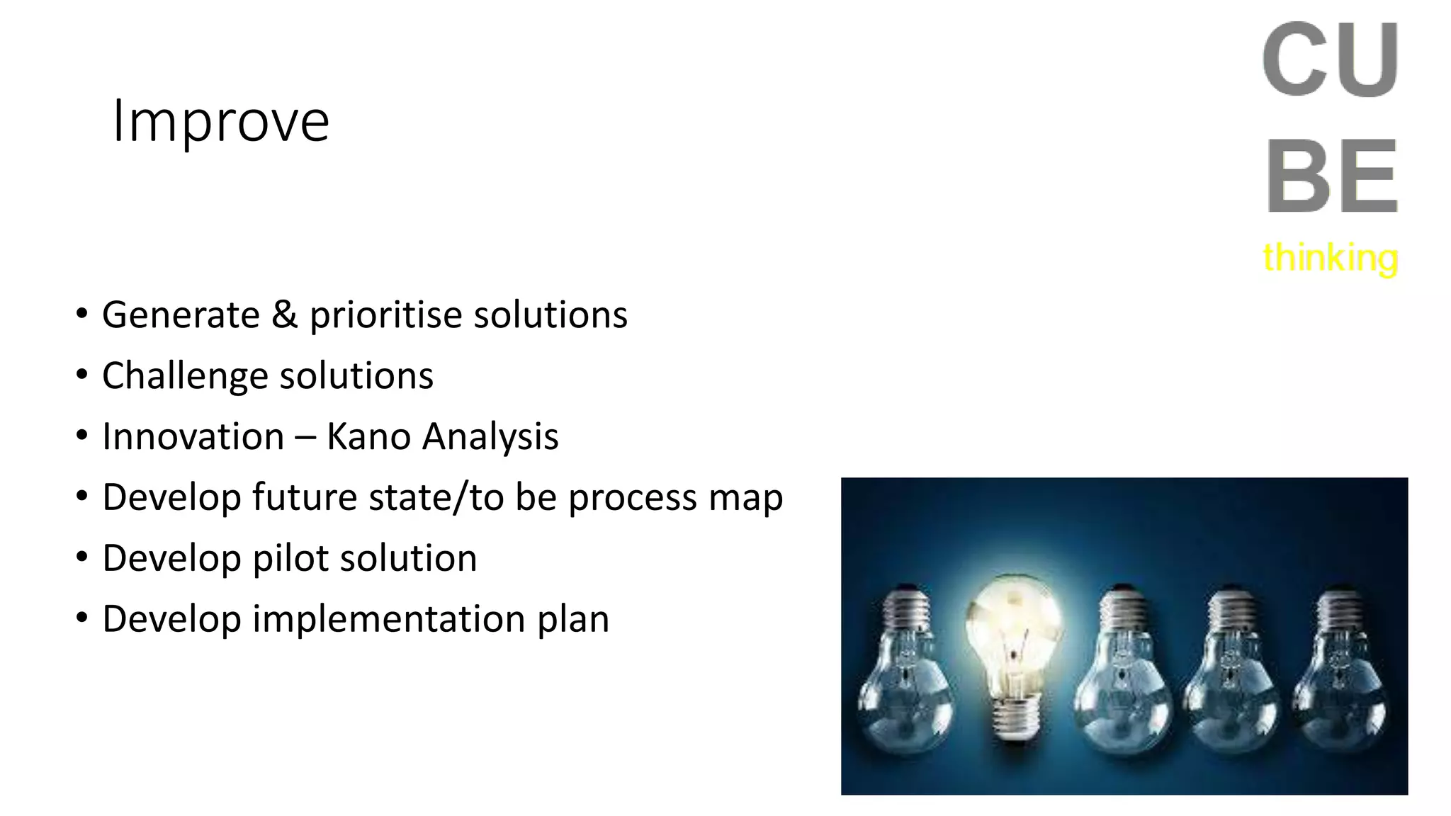 Improve
• Generate & prioritise solutions
• Challenge solutions
• Innovation – Kano Analysis
• Develop future state/to be process map
• Develop pilot solution
• Develop implementation plan
 