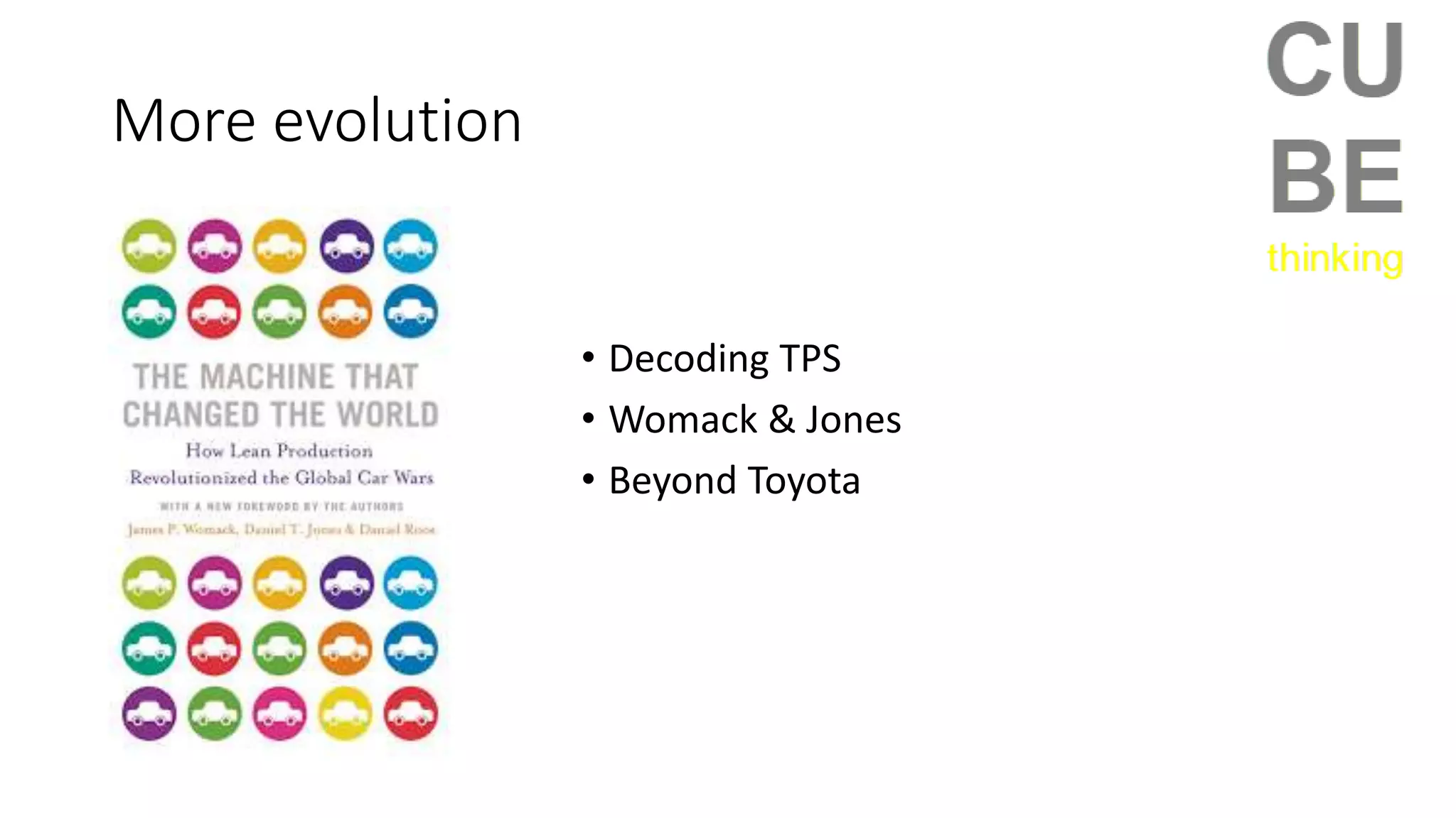 More evolution
• Decoding TPS
• Womack & Jones
• Beyond Toyota
 