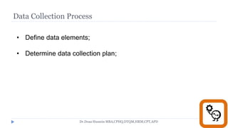 Data Collection Process
Dr.Doaa Hussein MBA,CPHQ,DTQM,HRM,CPT,APD
• Define data elements;
• Determine data collection plan;
 