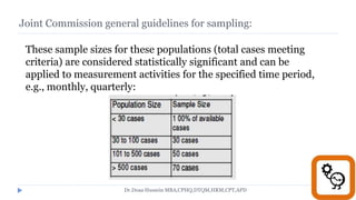 Joint Commission general guidelines for sampling:
These sample sizes for these populations (total cases meeting
criteria) are considered statistically significant and can be
applied to measurement activities for the specified time period,
e.g., monthly, quarterly:
Population Size Sample Size
Dr.Doaa Hussein MBA,CPHQ,DTQM,HRM,CPT,APD
 