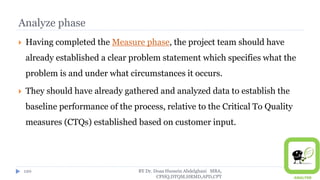 Analyze phase
 Having completed the Measure phase, the project team should have
already established a clear problem statement which specifies what the
problem is and under what circumstances it occurs.
 They should have already gathered and analyzed data to establish the
baseline performance of the process, relative to the Critical To Quality
measures (CTQs) established based on customer input.
BY Dr. Doaa Hussein Abdelghani MBA,
CPHQ,DTQM,HRMD,APD,CPT
120
 