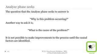 Analyze phase seeks
The question that the Analyze phase seeks to answer is
“Why is this problem occurring?“
Another way to ask it is,
“What is the cause of the problem?“
It is not possible to make improvements to the process until the causal
factors are identified.
BY Dr. Doaa Hussein Abdelghani MBA,
CPHQ,DTQM,HRMD,APD,CPT
121
 