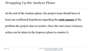 Wrapping Up the Analyze Phase
At the end of the Analyze phase, the project team should have at
least one confirmed hypothesis regarding the root causes of the
problem the project aims to resolve. Once the root cause is known,
action can be taken in the Improve phase to counter it.
BY Dr. Doaa Hussein Abdelghani MBA,
CPHQ,DTQM,HRMD,APD,CPT
133
 