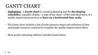 GANTT CHART
 Definition: A Gantt chart is a project-planning tool for developing
schedules; a graphic display—a type of bar chart—of the individual parts of a
quality improvement process as bars on a horizontal time scale.
 The Gantt chart includes a list of tasks (process steps) and estimates of time
and people resources required to complete the quality improvement effort.
 Most project-planning software includes Gantt charts.
144
 
