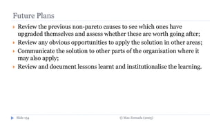 © Max Zornada (2005)Slide 154
Future Plans
 Review the previous non-pareto causes to see which ones have
upgraded themselves and assess whether these are worth going after;
 Review any obvious opportunities to apply the solution in other areas;
 Communicate the solution to other parts of the organisation where it
may also apply;
 Review and document lessons learnt and institutionalise the learning.
 