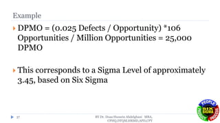 Example
 DPMO = (0.025 Defects / Opportunity) *106
Opportunities / Million Opportunities = 25,000
DPMO
 This corresponds to a Sigma Level of approximately
3.45, based on Six Sigma
BY Dr. Doaa Hussein Abdelghani MBA,
CPHQ,DTQM,HRMD,APD,CPT
37
 
