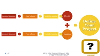 BY Dr. Doaa Hussein Abdelghani MBA,
CPHQ,DTQM,HRMD,APD,CPT
48
Identify
Establish
Define
Your
Project
problem statement Form a Team Verify the mission
problem statement Form a Team Verify the mission
 