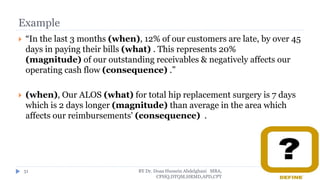 Example
 “In the last 3 months (when), 12% of our customers are late, by over 45
days in paying their bills (what) . This represents 20%
(magnitude) of our outstanding receivables & negatively affects our
operating cash flow (consequence) .”
 (when), Our ALOS (what) for total hip replacement surgery is 7 days
which is 2 days longer (magnitude) than average in the area which
affects our reimbursements' (consequence) .
BY Dr. Doaa Hussein Abdelghani MBA,
CPHQ,DTQM,HRMD,APD,CPT
51
 