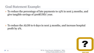 Goal Statement Example:
 To reduce the percentage of late payments to 15% in next 3 months, and
give tangible savings of 500KUSD/ year.
 To reduce the ALOS to 6 days in next 3 months, and increase hospital
profit by 2%.
BY Dr. Doaa Hussein Abdelghani MBA,
CPHQ,DTQM,HRMD,APD,CPT
53
 