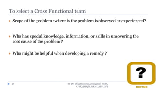 To select a Cross Functional team
 Scope of the problem :where is the problem is observed or experienced?
 Who has special knowledge, information, or skills in uncovering the
root cause of the problem ?
 Who might be helpful when developing a remedy ?
BY Dr. Doaa Hussein Abdelghani MBA,
CPHQ,DTQM,HRMD,APD,CPT
57
 