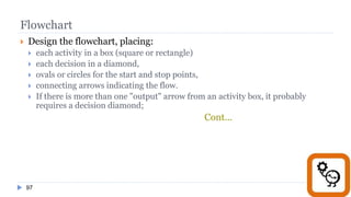 97
Flowchart
 Design the flowchart, placing:
 each activity in a box (square or rectangle)
 each decision in a diamond,
 ovals or circles for the start and stop points,
 connecting arrows indicating the flow.
 If there is more than one "output" arrow from an activity box, it probably
requires a decision diamond;
Cont...
 