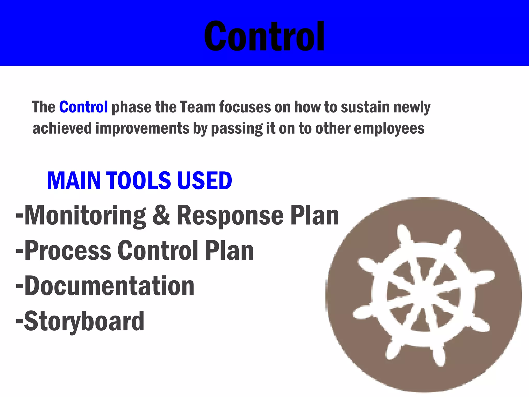 Control
The Control phase the Team focuses on how to sustain newly
achieved improvements by passing it on to other employees
-Monitoring & Response Plan
-Process Control Plan
-Documentation
-Storyboard
MAIN TOOLS USED
 