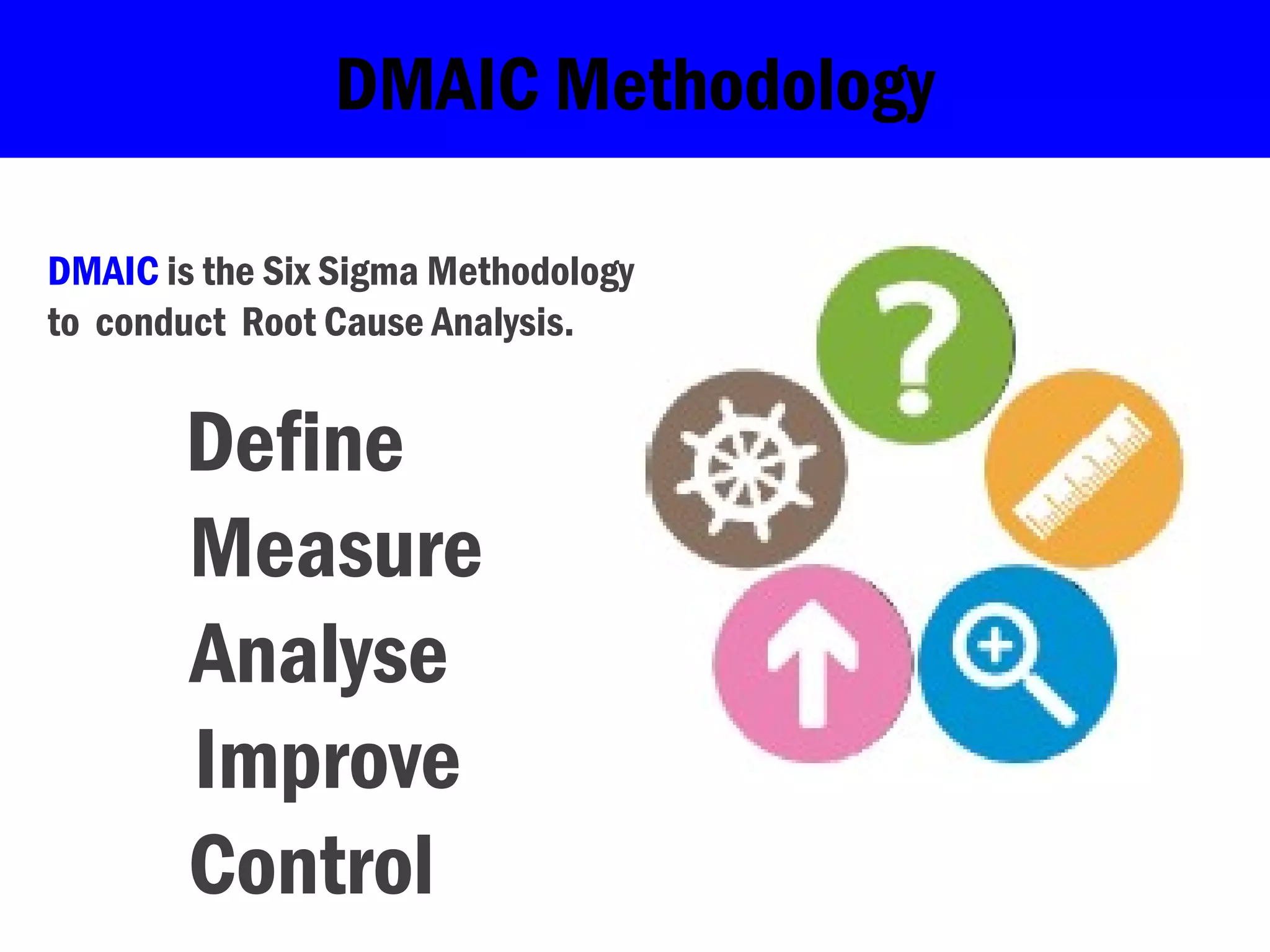 DMAIC Methodology
DMAIC is the Six Sigma Methodology
to conduct Root Cause Analysis.
Define
Measure
Analyse
Improve
Control
 