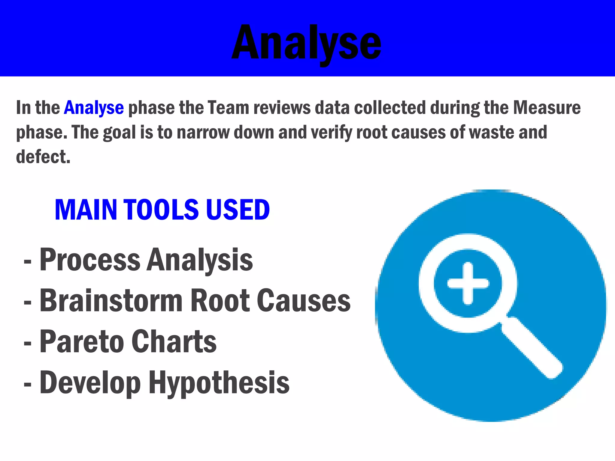 Analyse
In the Analyse phase the Team reviews data collected during the Measure
phase. The goal is to narrow down and verify root causes of waste and
defect.
MAIN TOOLS USED
- Process Analysis
- Brainstorm Root Causes
- Pareto Charts
- Develop Hypothesis
 
