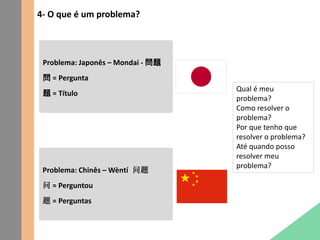 4- O que é um problema?
Problema: Chinês – Wèntí -问题
问 = Perguntou
题 = Perguntas
Problema: Japonês – Mondai - 問題
問 = Pergunta
題 = Título
Qual é meu
problema?
Como resolver o
problema?
Por que tenho que
resolver o problema?
Até quando posso
resolver meu
problema?
 
