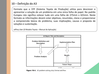 10 – Definição do A3
Formato que o STP (Sistema Toyota de Produção) utiliza para descrever e
apresentar a solução de um problema em uma única folha de papel. No padrão
Europeu isto significa colocar tudo em uma folha de 275mm x 425mm. Neste
formato as informações devem estar objetivas, resumidas, claras e proporcionar
a compreensão básica do problema, suas implicações, causas e proposta de
soluções e sustentação.
Jeffrey Liker (O Modelo Toyota – Manual de Aplicação)
 