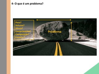 4- O que é um problema?
Problema
Peso?
Volume?
Altura?
Comprimento?
Composição?
Cenário ?
 