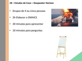 18 – Estudos de Caso – Deepwater Horizon
• Grupos de 4 ou cinco pessoas
• 2h Elaborar o DMAICS
• 20 minutos para apresentar
• 10 minutos para perguntas
 