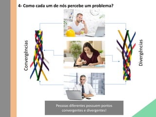 4- Como cada um de nós percebe um problema?
Convergências
Divergências
Pessoas diferentes possuem pontos
convergentes e divergentes!
 