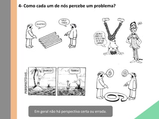 4- Como cada um de nós percebe um problema?
Em geral não há perspectiva certa ou errada.
 