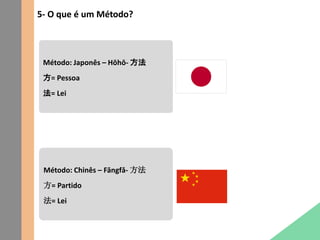 5- O que é um Método?
Método: Chinês – Fāngfǎ- 方法
方= Partido
法= Lei
Método: Japonês – Hōhō- 方法
方= Pessoa
法= Lei
 