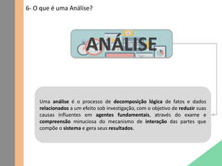 6- O que é uma Análise?
Uma análise é o processo de decomposição lógica de fatos e dados
relacionados a um efeito sob investigação, com o objetivo de reduzir suas
causas influentes em agentes fundamentais, através do exame e
compreensão minuciosa do mecanismo de interação das partes que
compõe o sistema e gera seus resultados.
ANÁLISE
 