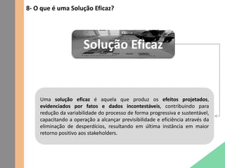 8- O que é uma Solução Eficaz?
Uma solução eficaz é aquela que produz os efeitos projetados,
evidenciados por fatos e dados incontestáveis, contribuindo para
redução da variabilidade do processo de forma progressiva e sustentável,
capacitando a operação a alcançar previsibilidade e eficiência através da
eliminação de desperdícios, resultando em última instância em maior
retorno positivo aos stakeholders.
Solução Eficaz
 