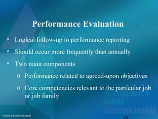 © 2005, Educational Institute
Performance Evaluation
• Logical follow-up to performance reporting
• Should occur more frequently than annually
• Two main components
o Performance related to agreed-upon objectives
o Core competencies relevant to the particular job
or job family
 