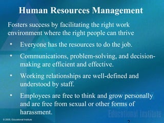 © 2005, Educational Institute
Human Resources Management
Fosters success by facilitating the right work
environment where the right people can thrive
• Everyone has the resources to do the job.
• Communications, problem-solving, and decision-
making are efficient and effective.
• Working relationships are well-defined and
understood by staff.
• Employees are free to think and grow personally
and are free from sexual or other forms of
harassment.
 