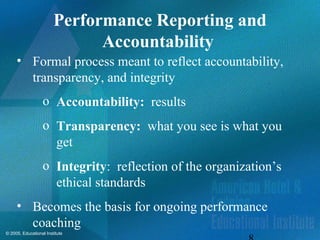 © 2005, Educational Institute
Performance Reporting and
Accountability
• Formal process meant to reflect accountability,
transparency, and integrity
o Accountability: results
o Transparency: what you see is what you
get
o Integrity: reflection of the organization’s
ethical standards
• Becomes the basis for ongoing performance
coaching
 