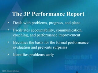 © 2005, Educational Institute
The 3P Performance Report
• Deals with problems, progress, and plans
• Facilitates accountability, communication,
coaching, and performance improvement
• Becomes the basis for the formal performance
evaluation and prevents surprises
• Identifies problems early
 