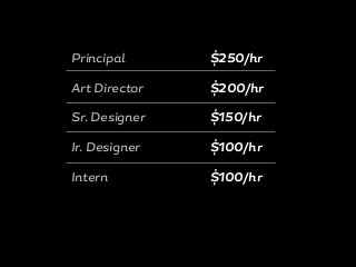 Principal
Art Director
Sr. Designer
Jr. Designer
Intern
$250/hr
$200/hr
$150/hr
$100/hr
$100/hr
 