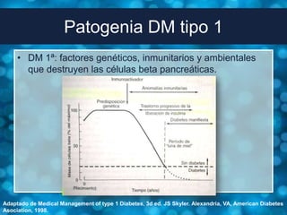 Patogenia DM tipo 1
     • DM 1ª: factores genéticos, inmunitarios y ambientales
       que destruyen las células beta pancreáticas.




Adaptado de Medical Management of type 1 Diabetes, 3d ed. JS Skyler. Alexandria, VA, American Diabetes
Asociation, 1998.
 