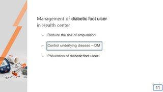 Management of diabetic foot ulcer
in Health center
- Reduce the risk of amputation
- Control underlying disease – DM
- Prevention of diabetic foot ulcer
11
 