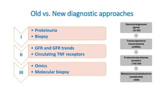 Old vs. New diagnostic approaches
I
• Proteinuria
• Biopsy
II
• GFR and GFR trends
• Circulating TNF receptors
III
• Omics
• Molecular biopsy
 
