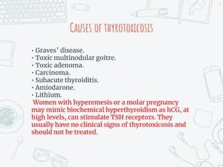 Causes of thyrotoxicosis
• Graves’ disease.
• Toxic multinodular goitre.
• Toxic adenoma.
• Carcinoma.
• Subacute thyroiditis.
• Amiodarone.
• Lithium.
Women with hyperemesis or a molar pregnancy
may mimic biochemical hyperthyroidism as hCG, at
high levels, can stimulate TSH receptors. They
usually have no clinical signs of thyrotoxicosis and
should not be treated.
39
 