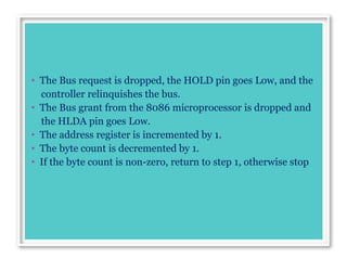 • The Bus request is dropped, the HOLD pin goes Low, and the
controller relinquishes the bus.
• The Bus grant from the 8086 microprocessor is dropped and
the HLDA pin goes Low.
• The address register is incremented by 1.
• The byte count is decremented by 1.
• If the byte count is non-zero, return to step 1, otherwise stop
 