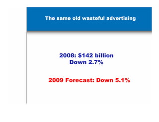 The same old wasteful advertising




     2008: $142 billion
        Down 2.7%


 2009 Forecast: Down 5.1%
 