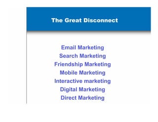 The Great Disconnect



   Email Marketing
  Search Marketing
Friendship Marketing
  Mobile Marketing
Interactive marketing
  Digital Marketing
   Direct Marketing
 