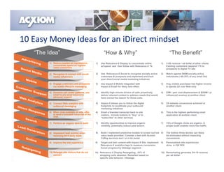 10 Easy Money Ideas for an iDirect mindset
   “The Idea”                                           “How & Why”                                                   “The Benefit”
        1) Reduce wasted ad impressions,         1)   Use Relevance-X Display to concentrate online           1)   3-5X revenue / ad dollar at other clients
           concentrate spend on highest               ad spend and then follow with Relevance-X TV.                Existing customers respond 17X to
           value consumers
                                                                                                                   prospects to digital TV ads

        2) Recognize & connect with social       2)   Use Relevance-X Social to recognize socially active     2)   Match against 500M socially active
           media influencers                          customers & prospects and implement and track                individuals (~60-70% of any email list)
                                                      your direct social media marketing initiatives

        3) Engage customers and prospects        3)   Use Impact-X Mobile integrated with                     3)   Avg. mobile purchaser has higher income
           via mobile lifecycle messaging             Impact-X Email for likely halo effect                        & spends 2X over Web-only.

        4) Examine call center patterns, use     4)   Identify high-volume drivers of calls proactively       4)   $2M / year cost displacement & $200M / yr
           email to pre-empt expensive                deliver relevant content to address needs that would         influenced revenue at another client.
           personal support                           have solved the reason for those calls.

        5) Connect Web analytics with            5)   Impact-X allows you to follow the digital               5)   2X website conversions achieved at
           outbound messaging                         footprints to recalibrate your outbound                      another client.
                                                      marketing initiatives
        6) When chat available on site, offer    6)   Email a branded transcript back to site                 6)   This is the highest performing email
           to send a branded transcript of the        visitors. Include buttons to “buy” or to                     application at another client.
           chat.                                      “subscribe” to other services.

        7) Perform an organic search audit       7)   Identify opportunities to improve organic               7)   72% of Google clicks are organic. A
                                                      visibility, potentially reduce paid search.                  proper audit enables more free traffic


        8) Implement lead scoring when           8)   Build / implement predictive models to screen out low 8)     The bottom three deciles can likely
           receiving third party leads                value leads provided. Consider a test with Acxiom            be eliminated without impacting
                                                      CoReg services and / or e-list rental.                       conversions.
        9) Improve the site experience           9)   Target and test content with Impact-X Site. Implement   9)   Personalized site experiences
                                                      Relevance-X analytics tags to measure conversion             drive 4–15X ROI.
                                                      funnel progress by lifestage segment.
        10) Retarget site visitors that do not   10) Relevance-X Display Retargeting : 53% of                 10) Remarketing generates $4–10 revenue
            convert                                  shopping carts abandon. Remarket based on                    per ad dollar.
                                                     specific site behavior / lifestage.
 